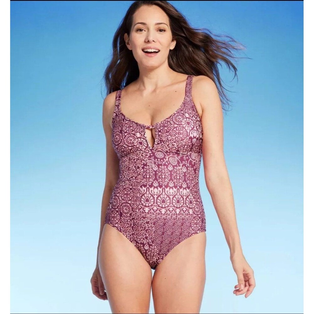 NWT Kona Sol Pink Geo Print Keyhole Medium Coverage  One Piece Swimsuit
